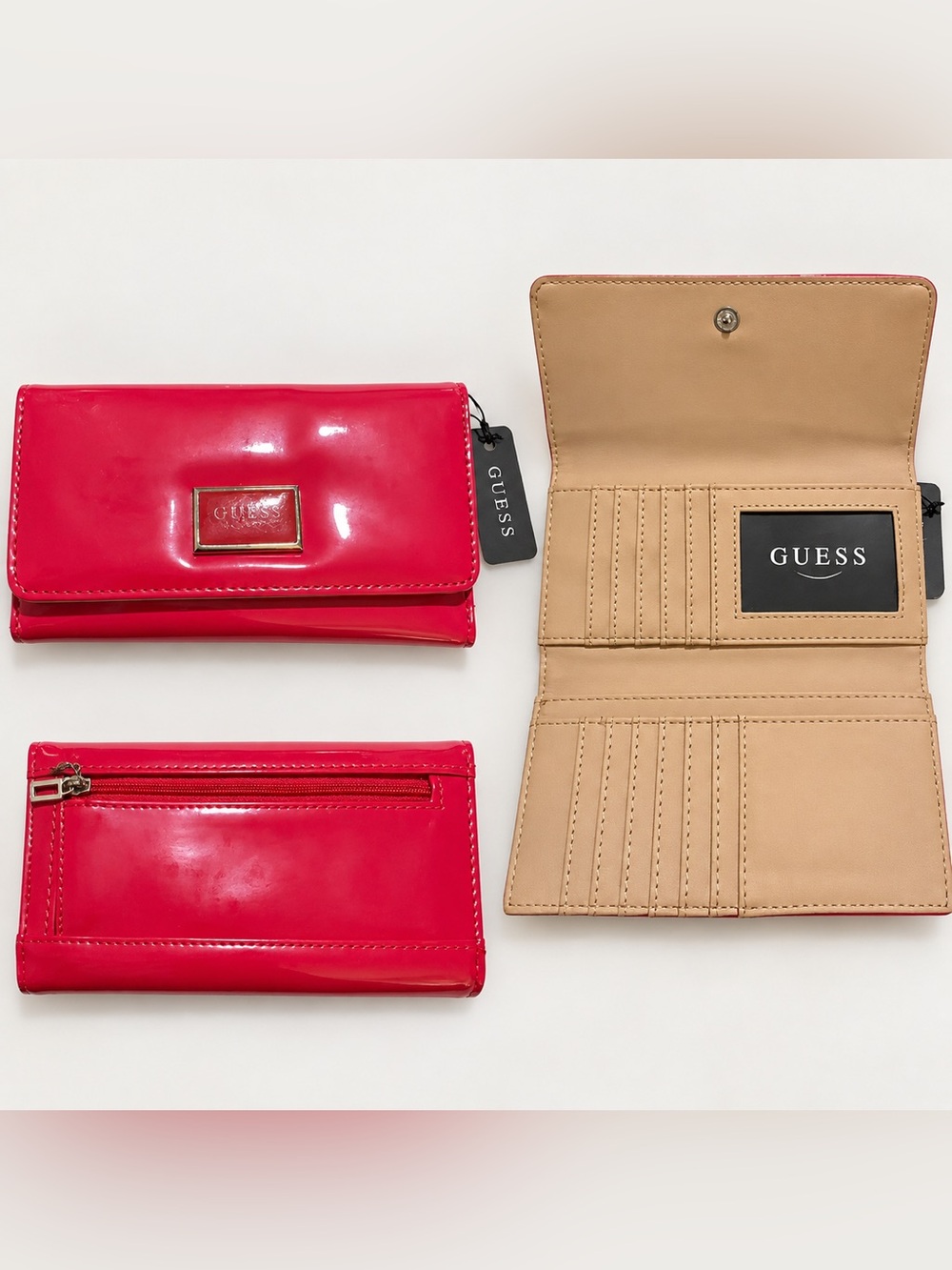NWT GUESS Hot Pink Glossy Trifold Wallet | 7” × 3½”